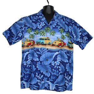 Aloha Republic Hawaiian Shirt Button Up Blue Mens Lg Woodies Surf Boards